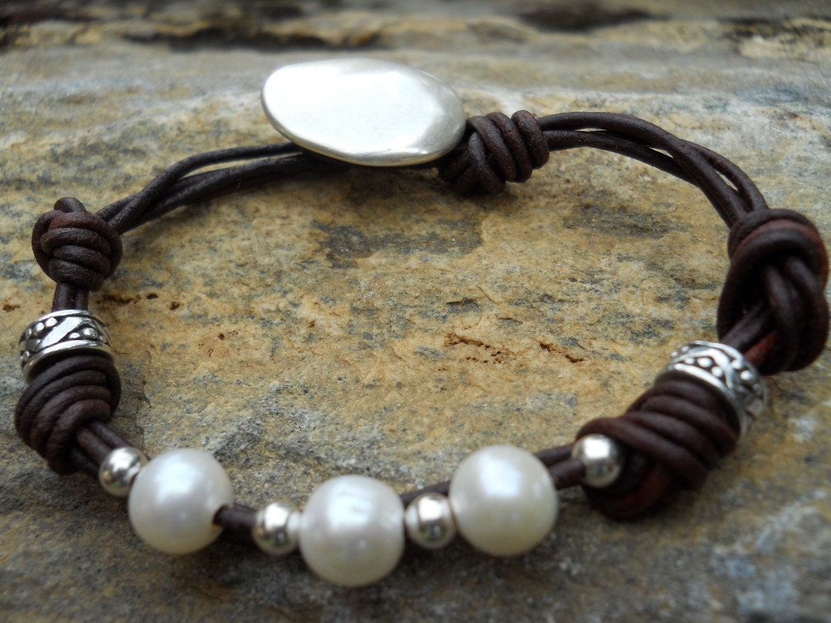 Sterling Silver & Freshwater Pearl Rustic Jewelry Antiqued Brown Leather Bracelet.