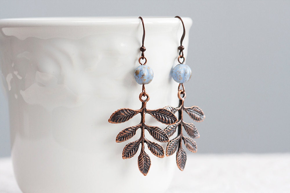 Brown Leaf Earrings Copper Leaf Branch Earrings Antiqued Ice Blue Bead Leaf Dangle Earrings - E129 - SilentRoses