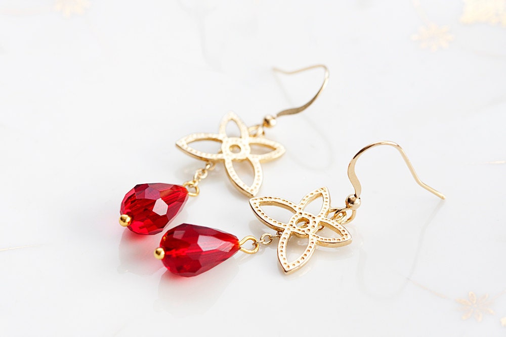 Red Drop Gold Flower Earrings Floral Dangle Ruby Teardrop Earrings Flower Jewelry Floral Jewellery - E168