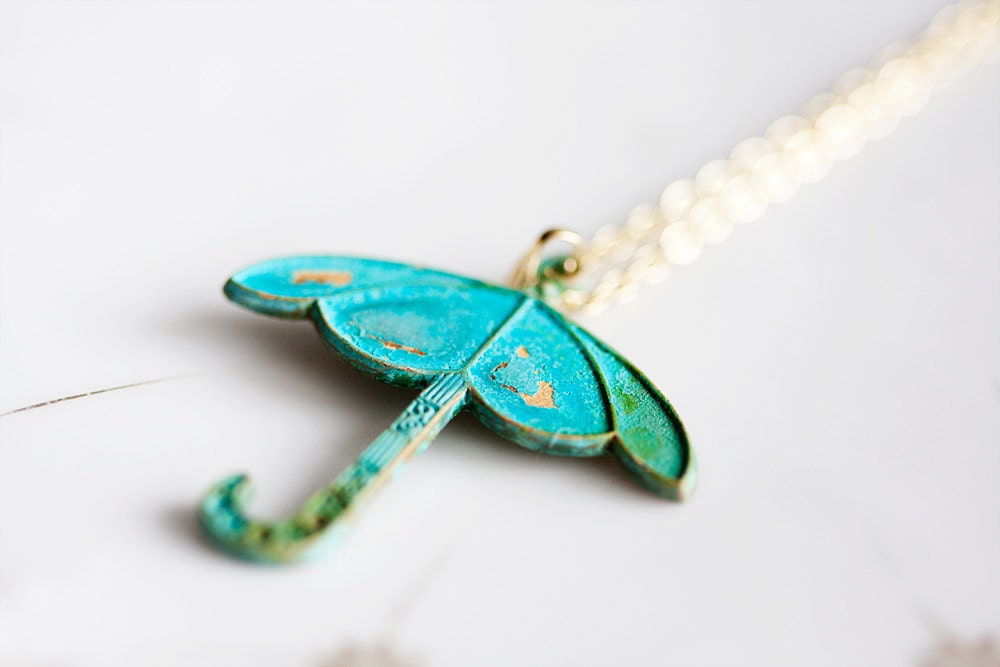 Patina Umbrella Necklace Turquoise Verdigris Umbrella Pendant Teal Patina Jewelry Rain Umbrella Charm - N149
