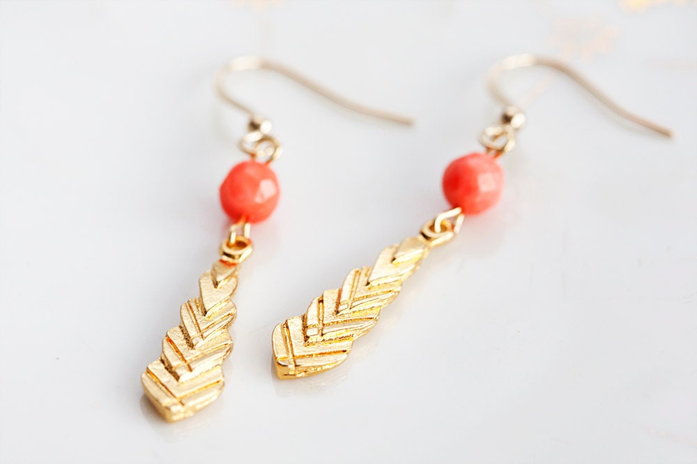 Arrow Drop Earrings Gold Arrow Orange Bead Earrings Zig Zag Inspired Arrow Earrings - E138