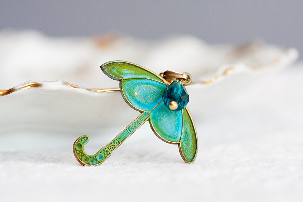 Rain Drop Umbrella Necklace Verdigris Patina Green Rustic Turquoise Umbrella Pendant Patina Jewelry - N192