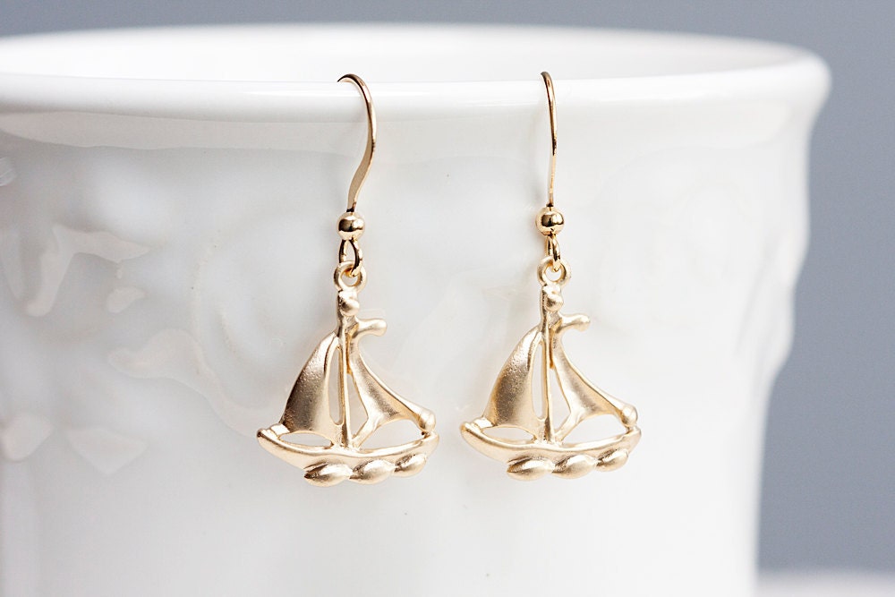 Gold Boat Earrings Sail Boat Charms Nautical Sailboat Dangle Earrings Sailing Earrings Nautical Jewelry - E182