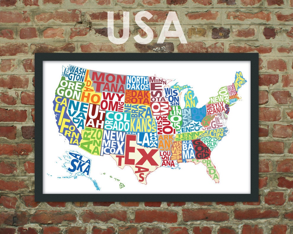 Typography Map of the United States - Multi-Colored - 24 x 36" Print