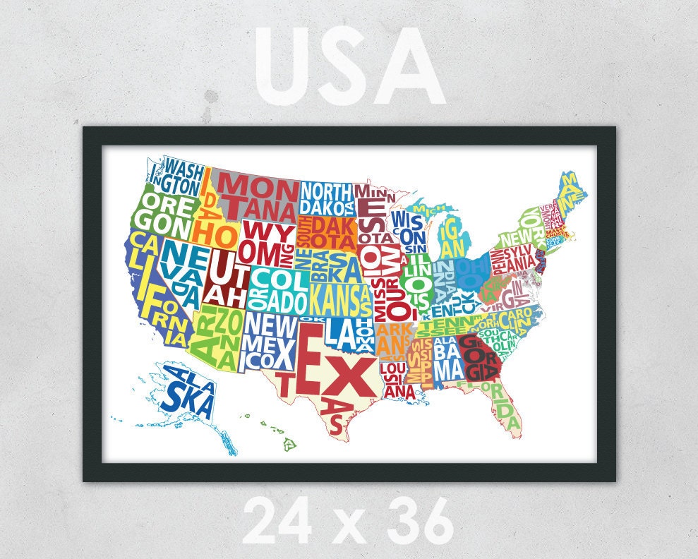 Typography Map of the United States - Multi-Colored - 24 x 36" Print