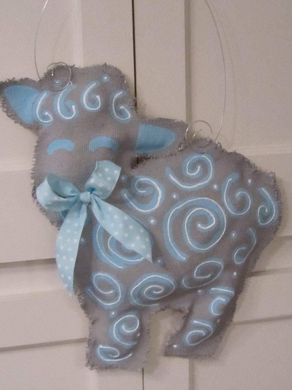 Baby Lamb Burlap Door Hanger with Ribbon Baby Boy