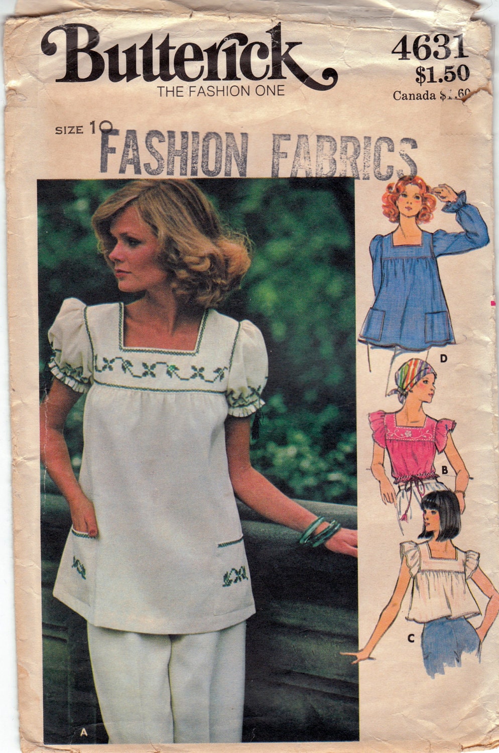 Vintage 1970s Butterick 4631 Misses tops and embroidery transfers - Size 10