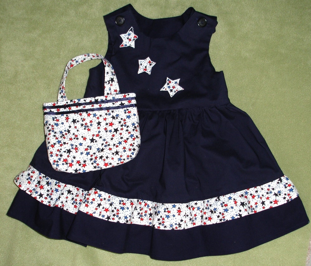 Toddler Navy Dress with Double Ruffle and Appliqued Bodice with Matching Purse Size 2T
