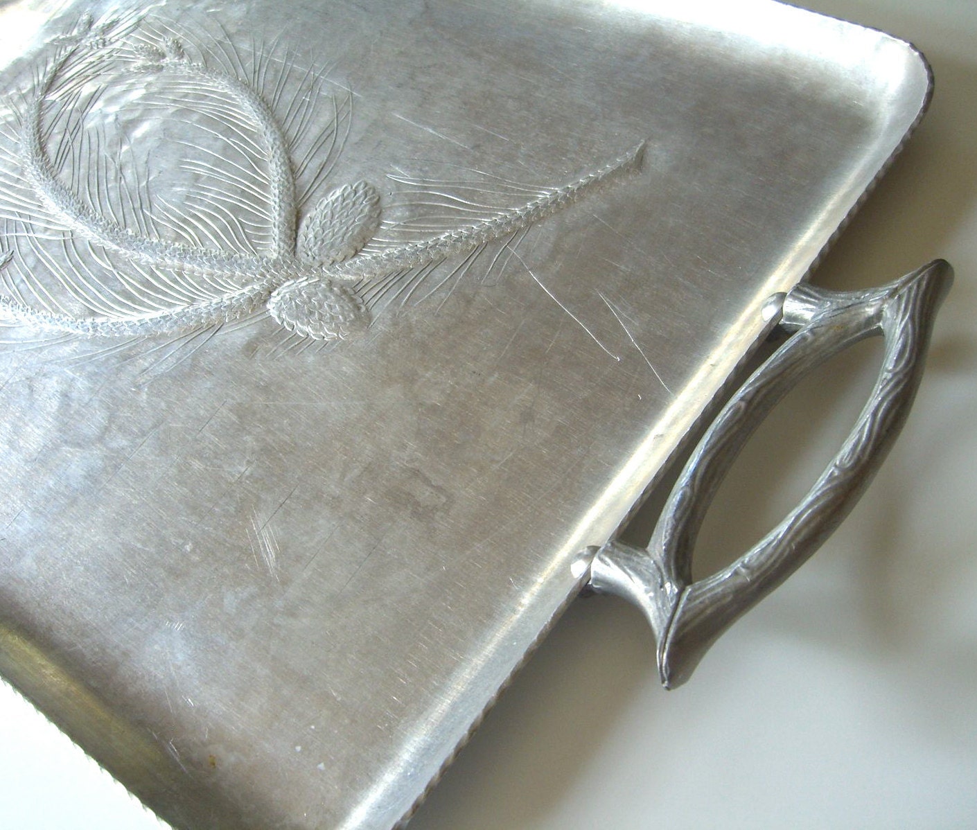 Vintage Aluminum Tray : Branch Handles Pinecone Design