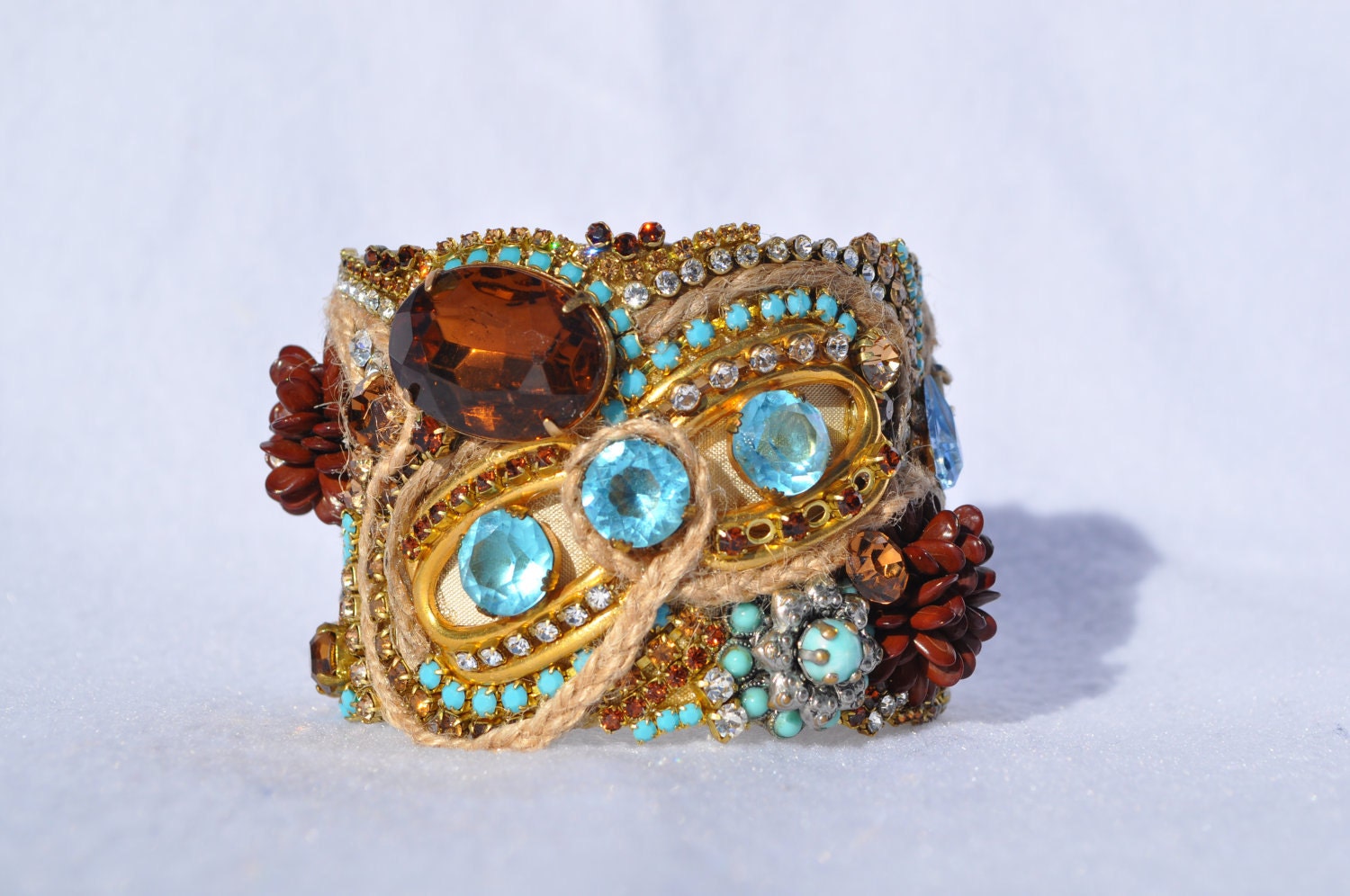 Brown and Turquoise Rhinestone and Rope Cuff