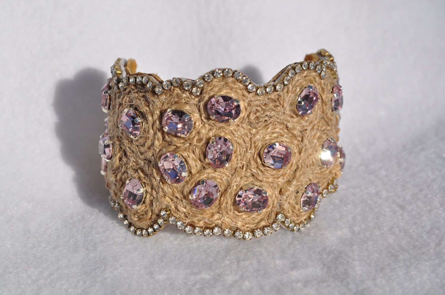 Rose Pink Polka Dot Rope and Crystal Cuff