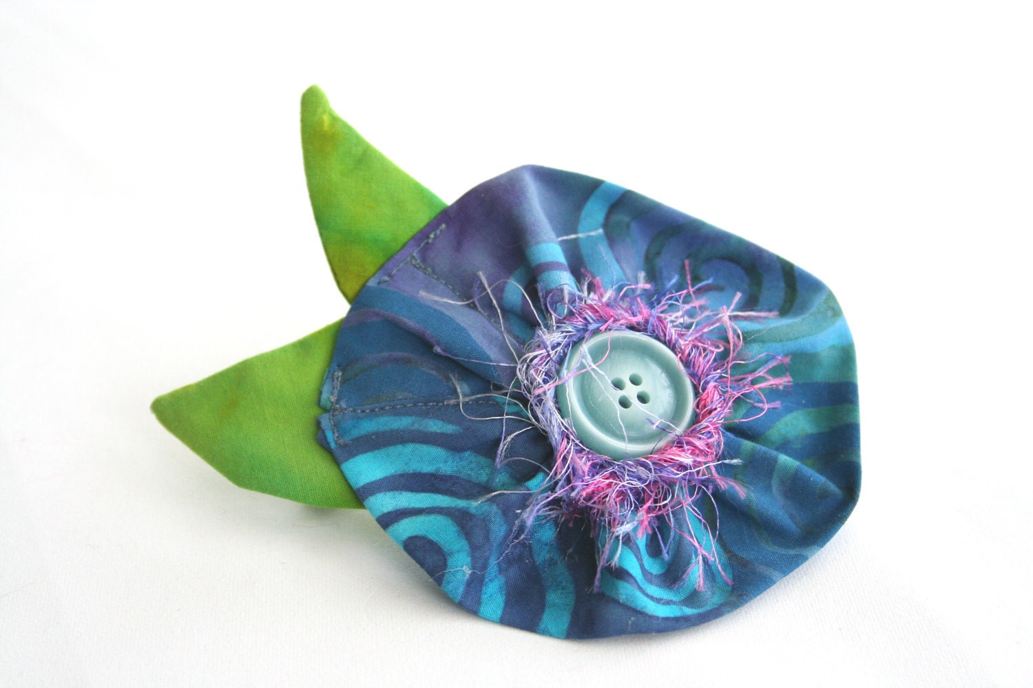 Barrette Fiber Art Flower  - Blue Batik Circles Green Leaves Spring Accessory