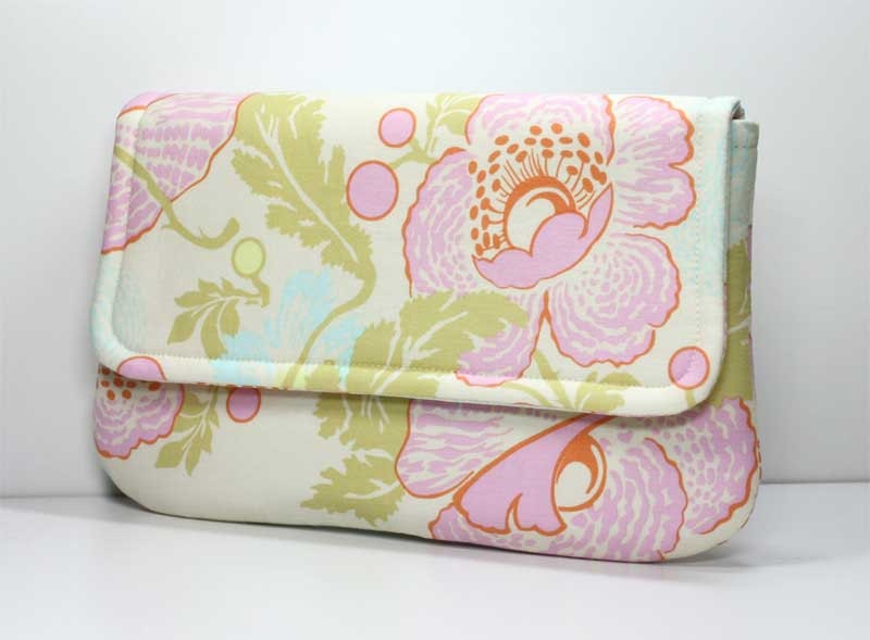 Clutch - Blue, Pink and Green Flowers and Leaves on Cream - Amy Butler Fresh Poppies Fabric - Ready to Ship