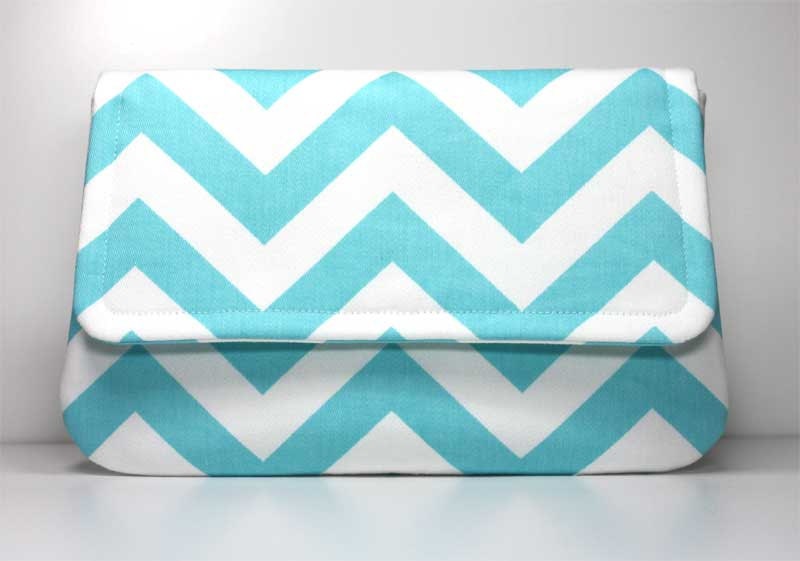 Clutch Purse - Aqua Blue and White Chevron - Ready to Ship