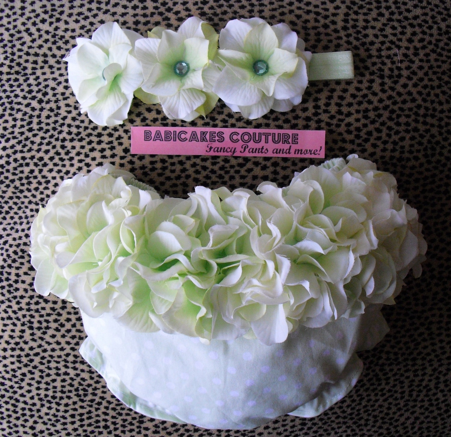 Diaper Cover Photo Prop Green Hydrangea polka Dot Bloomer Diaper Cover & Matching Headband Set St. Patricks Day, Spring, Easter Photo Prop