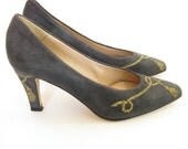 Gray Suede Heels with Gold Rope Embroidery. Size 6. Caressa. Made in Spain