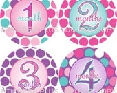 Monthly Onesie Stickers Baby Girl Big Pink Purple Aqua Blue Dots - 1-12 Months Plus BONUS Just Born - Gift