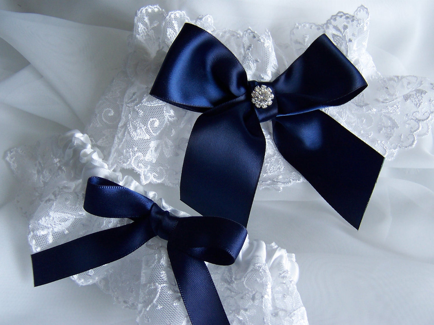 Beautiful White Lace  Embroidery on Tulle.  Champagne or Custom Ribbon color  Bridal Garter Set with a Brilliant Rhinestone Center- Elegant