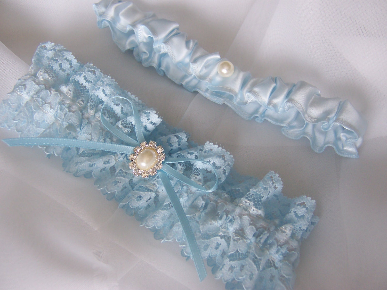 Vintage Chantilly Lace Garter set. Rhinestone Center, Something Blue Very Pretty