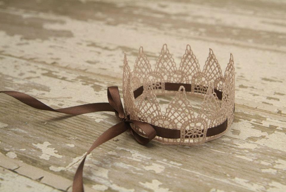 Sweetest Little Vintage Lace Crown "Ballet Slipper Pink" w/Brown Ribbon Accent