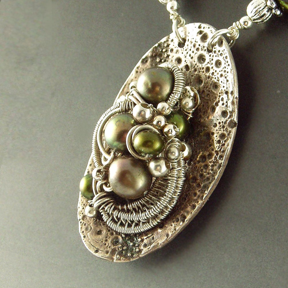 Olive Green Freshwater Pearl and Fine Sterling Silver Necklace