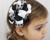 Black and White Flower Hair Bow - Girls Flower Hair Clip Black White Polka Dots - White Black Photo Prop