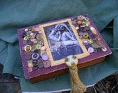 Wooden Vanity JEWELRY BOX made with Vintage Buttons  and Ephemera