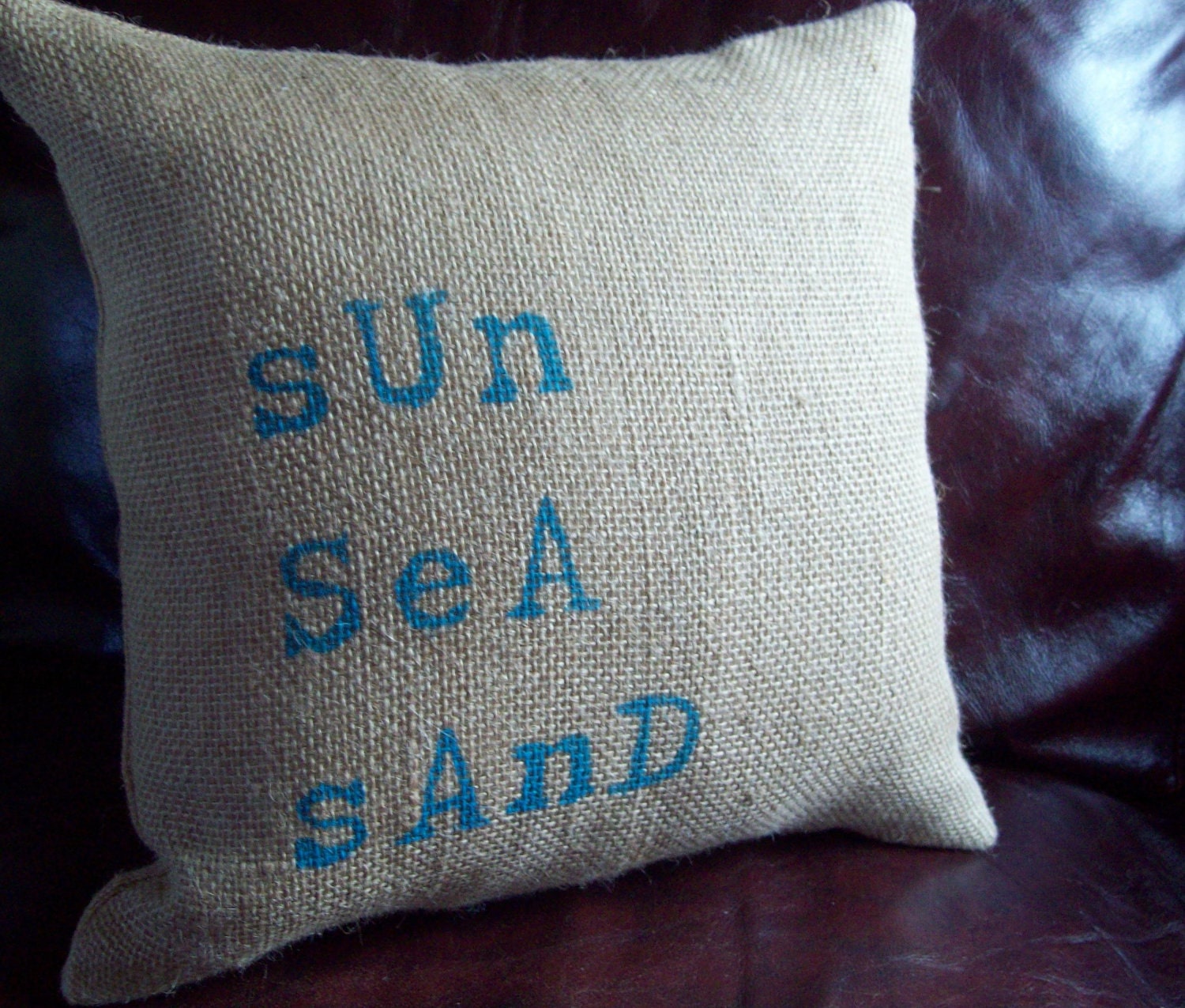 Burlap Decorative Pillow - Sun, Sea, Sand - Beach Pillow - More Colors Available - Beach Cottage Decor - Coastal Pillow