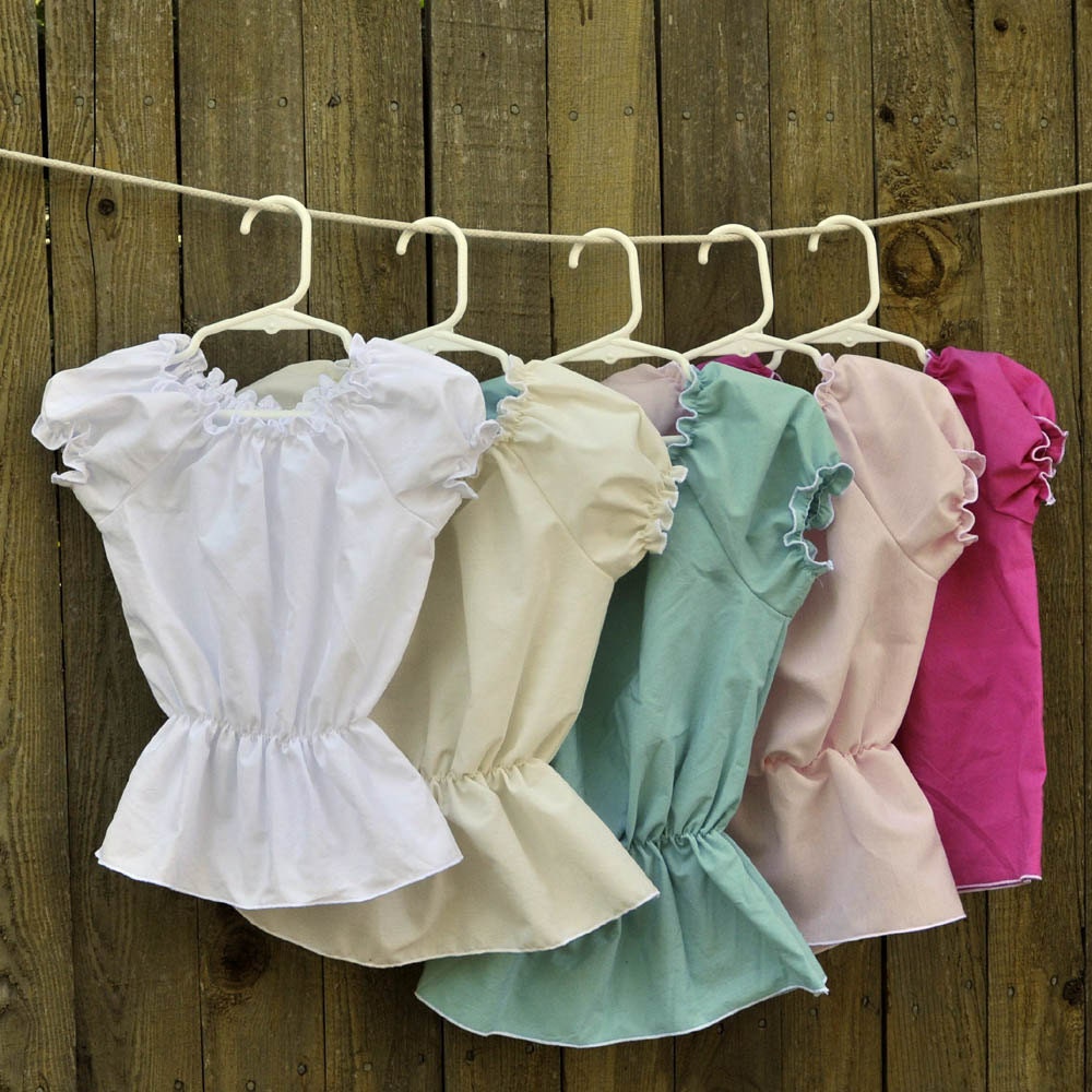 Girl's Peasant Blouse, top, Shirt...White, Cream, Pink, Blue, Black...Eco-friendly...12m,18m,2t,3t,4t,5,6,8, 10
