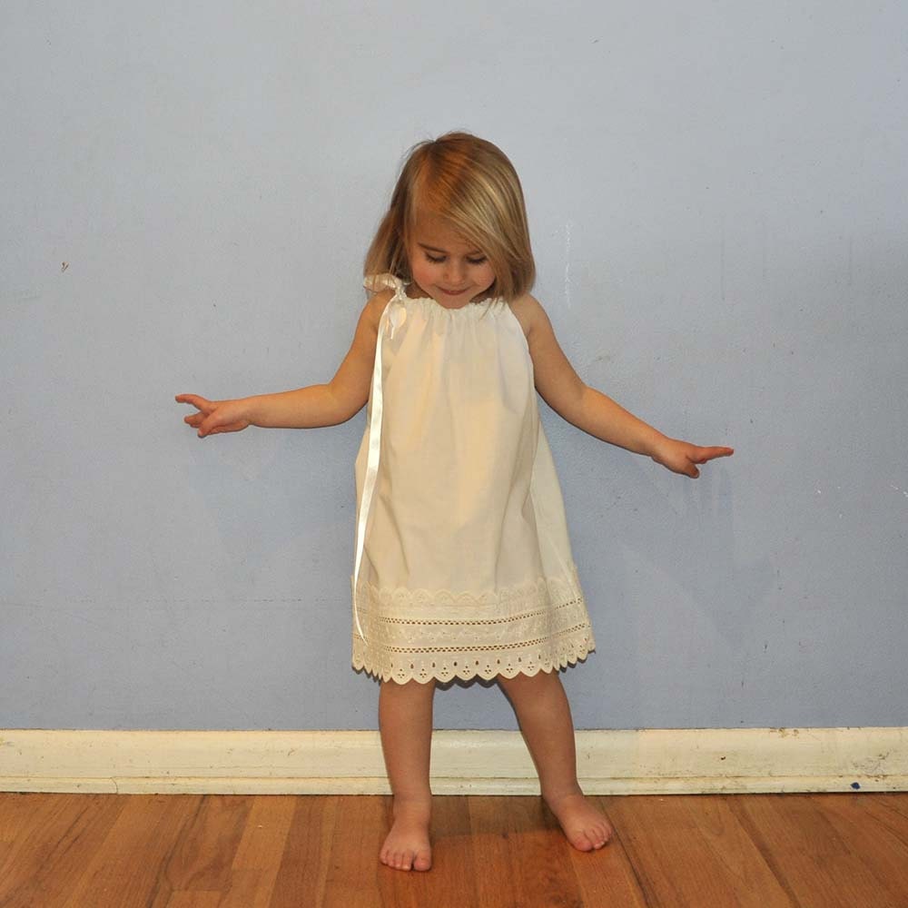 Girls White Eyelet Lace Pillowcase Dress, beach weddings, portraits, Easter, Eco-friendly, 6m,12m,18m,2t,3t,4t