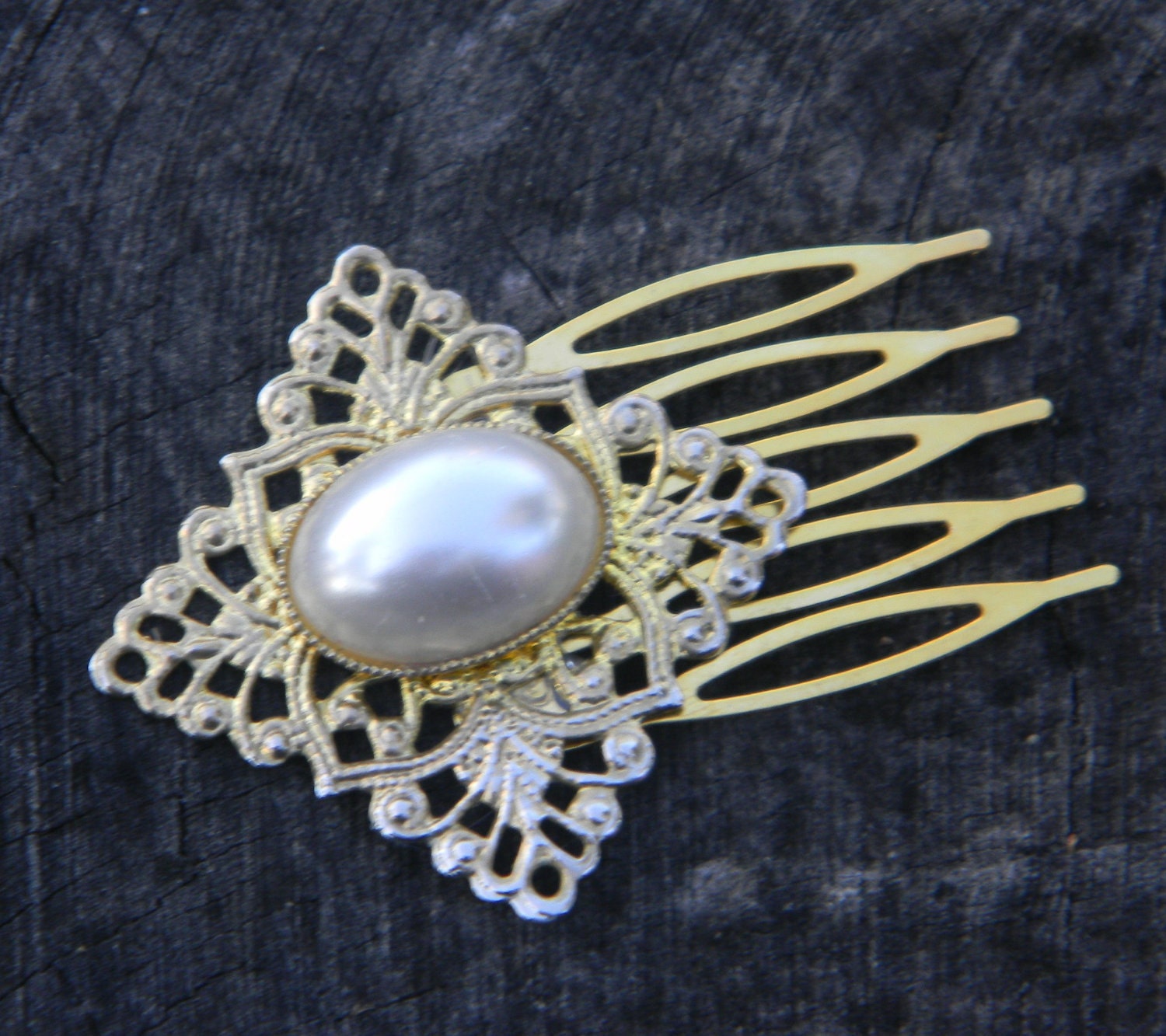 Vintage Gold Filigree and Pearl Hair Comb