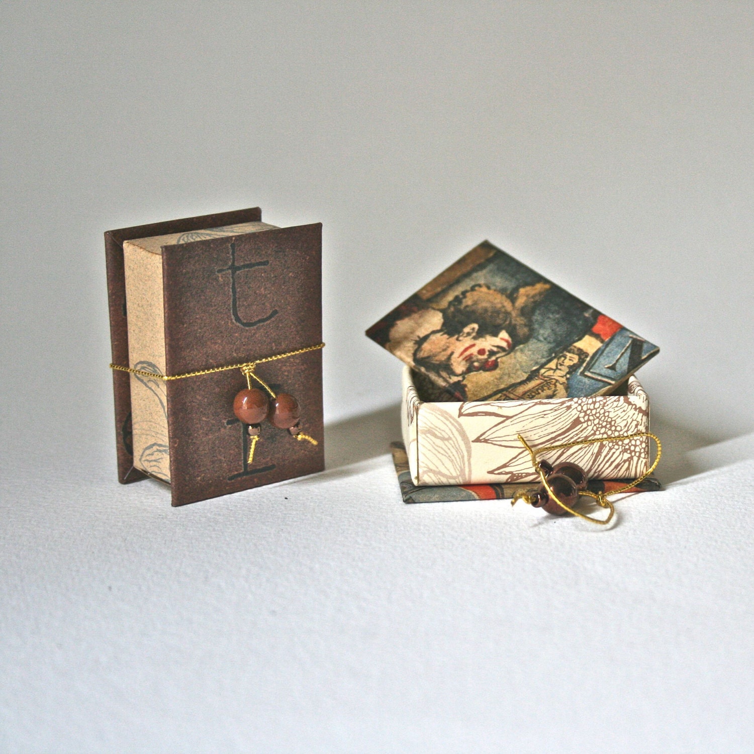 Tiny Gift Boxes in shades or Cream and Brown with Circus Clown for Favors Stocking Stuffers Jewelry