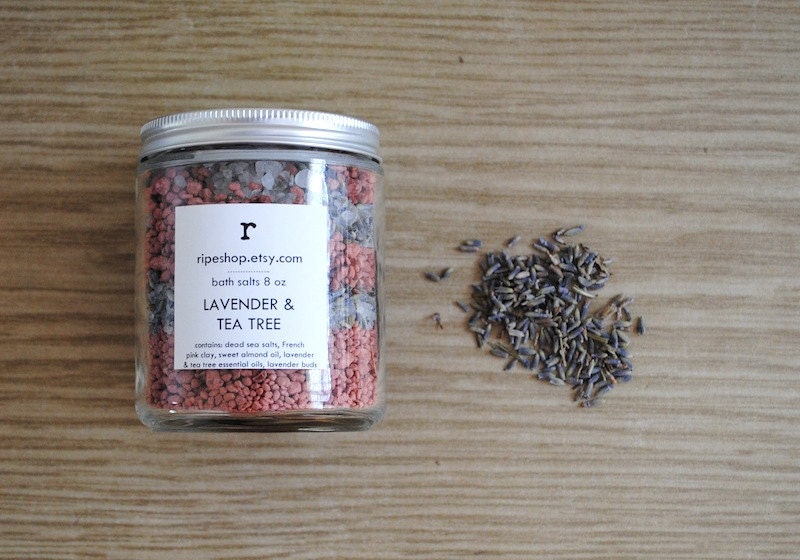 Lavender and Tea Tree Bath Salts. Dead Sea Salt with Essential Oils, 8 oz. Jar Vegan
