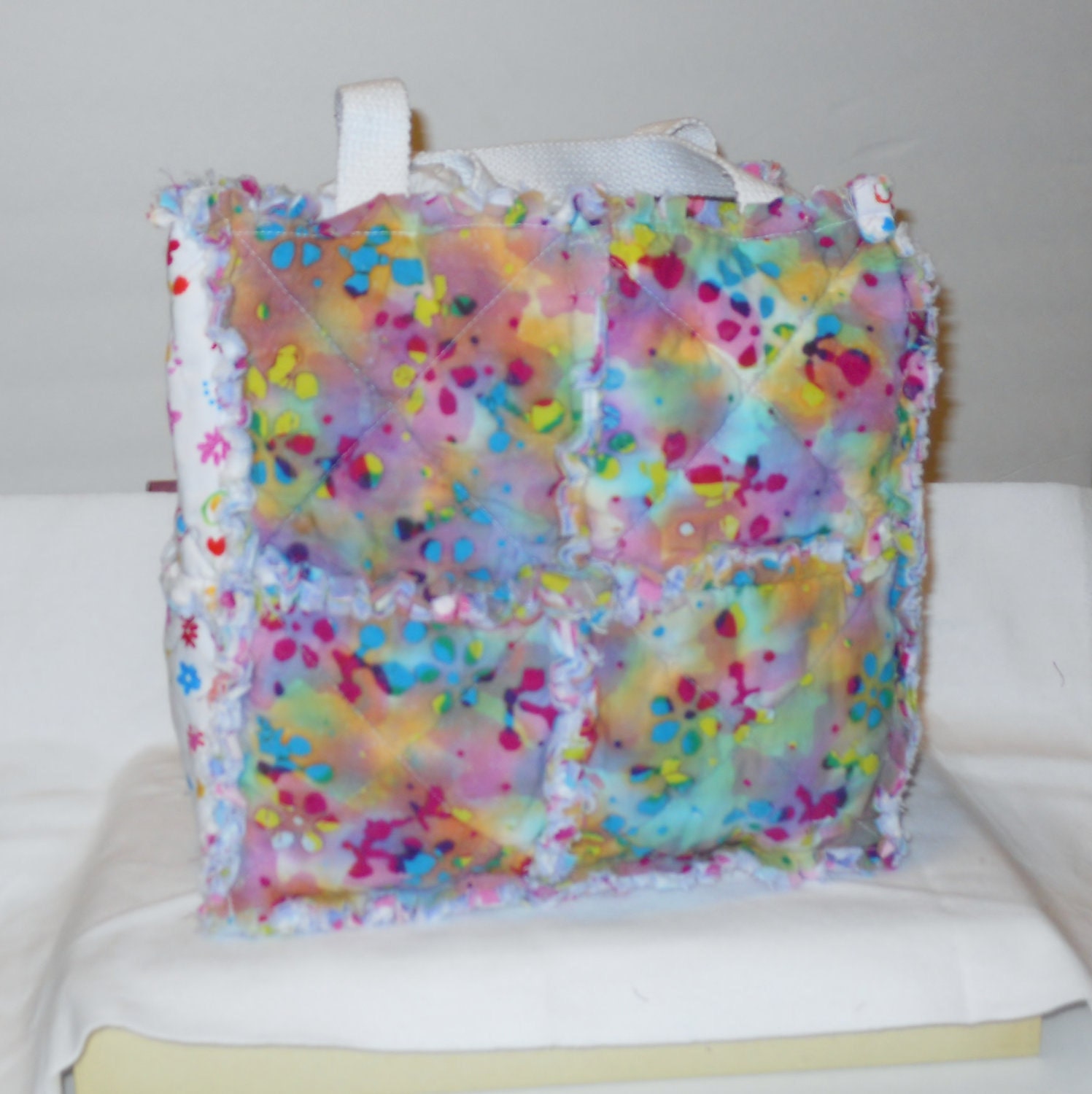 Handmade Rainbow colors Batik with purple polka dot lining Rag Quilt Handbag Purse Tote