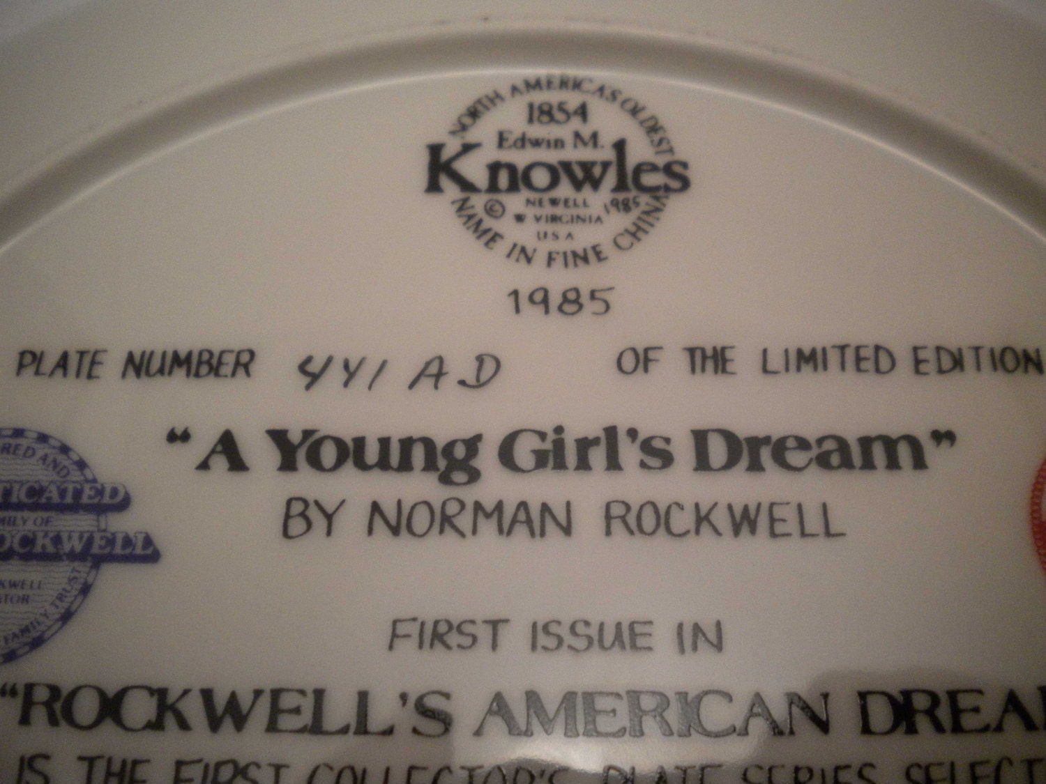 Norman Rockwell Plate A Young Girl's Dream Collector's  Limited Edition