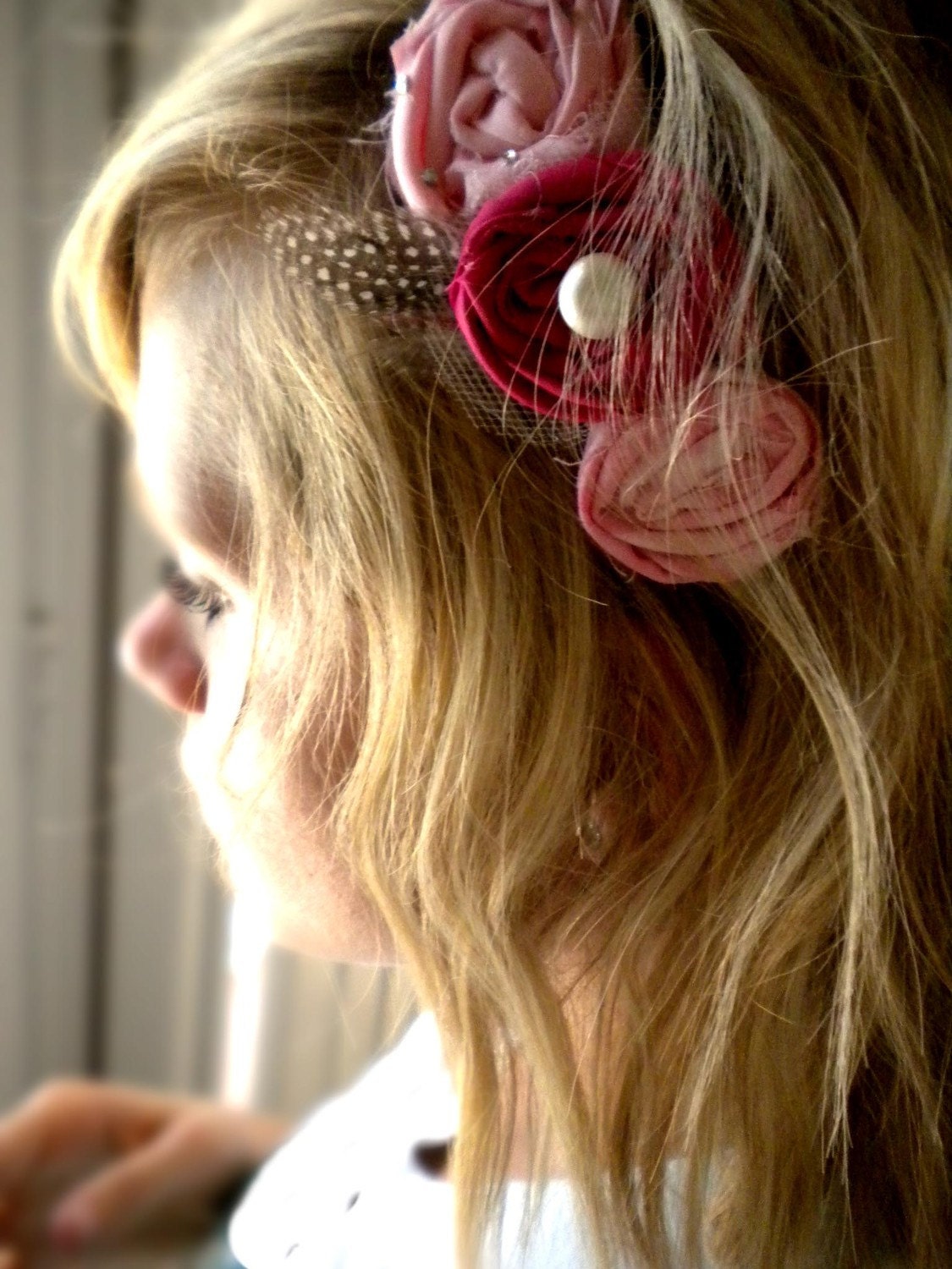 3 pink and rose rosette floral headband with diamond embellishments