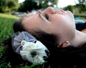 Yo-yo flowers with a victorian white hand sewn flower, Diamond and vintage button embellishments