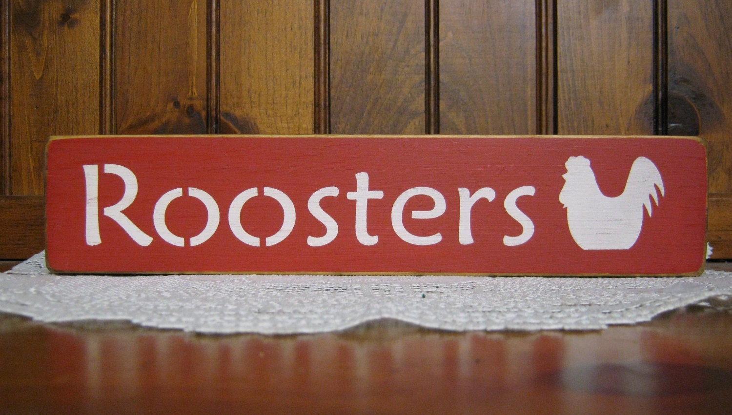 wood "Roosters" country red with white sign block sitter Shabby Chic Primitive Country