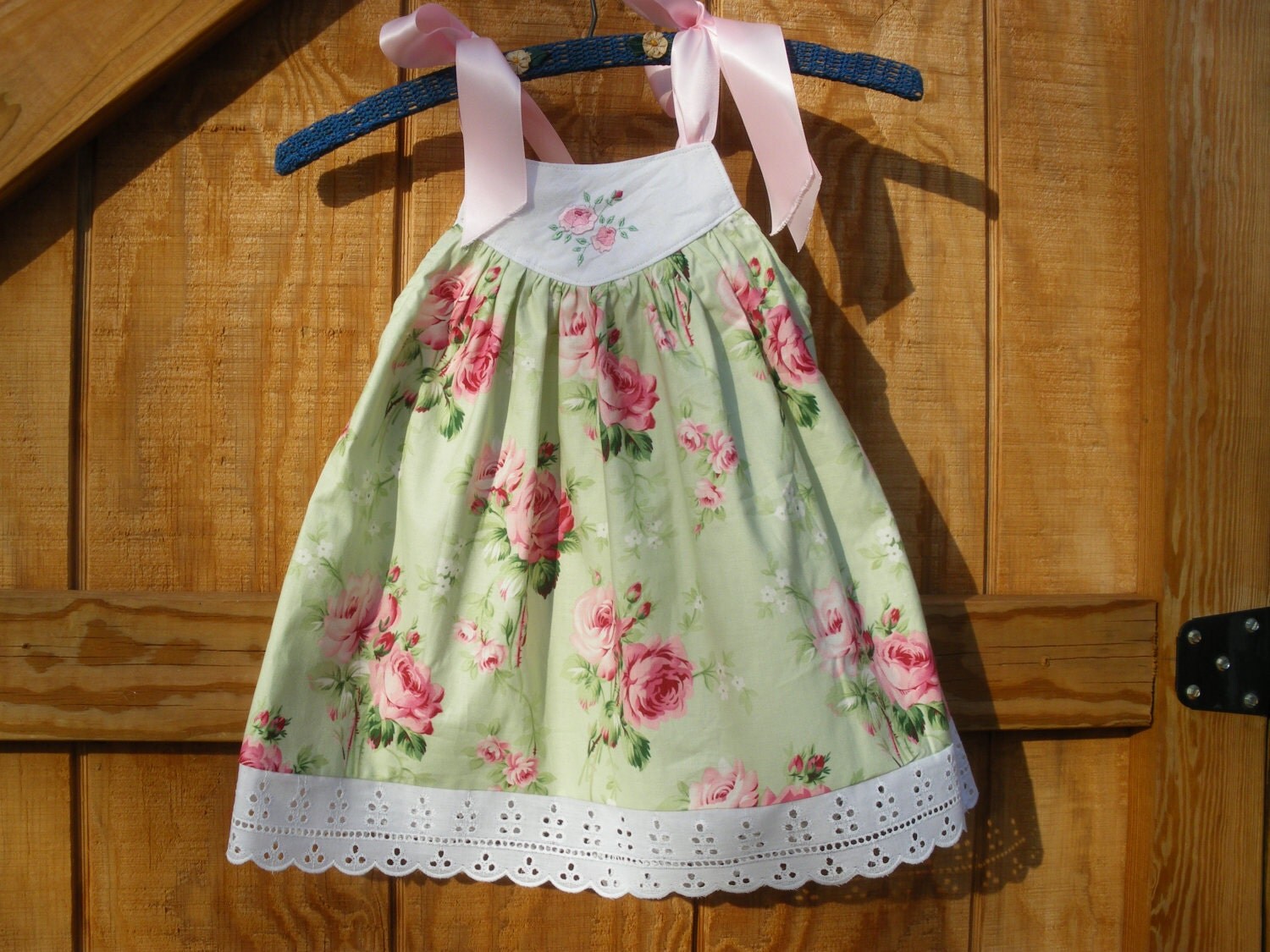 girls sundress green and pink rose 18mo ready to ship sizes 12m18m 2T,3T,4T available to order