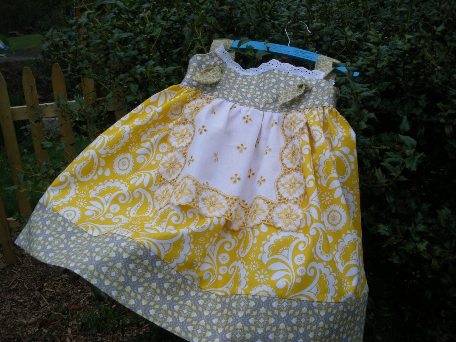 Reserverd for Laura girls apron knot dress yellow and gray, available to order 2,3t