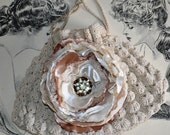 Wedding Handbag Wristlet Pouch Drawstring Hand Crocheted Vintage with Shabby Lace Rose Jeweled Center