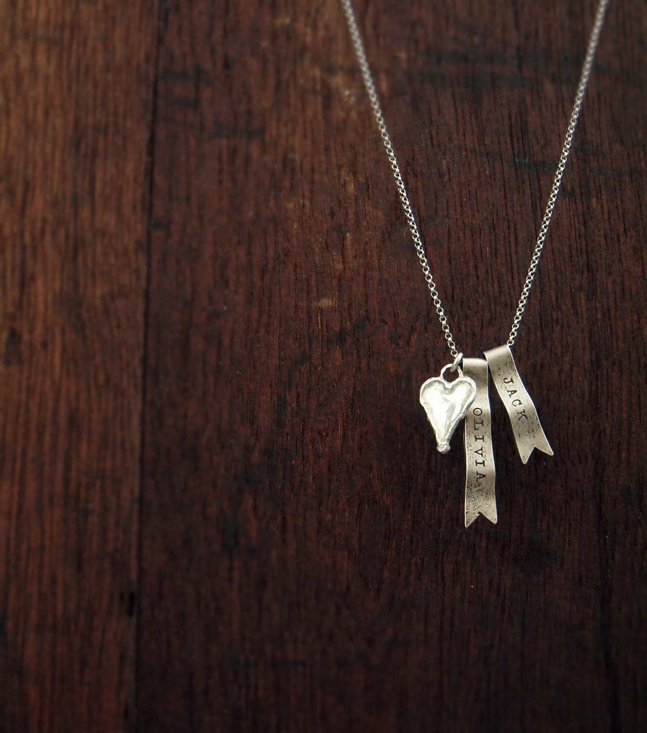 personalized sterling silver necklace ribbon banner charm with antique heart
