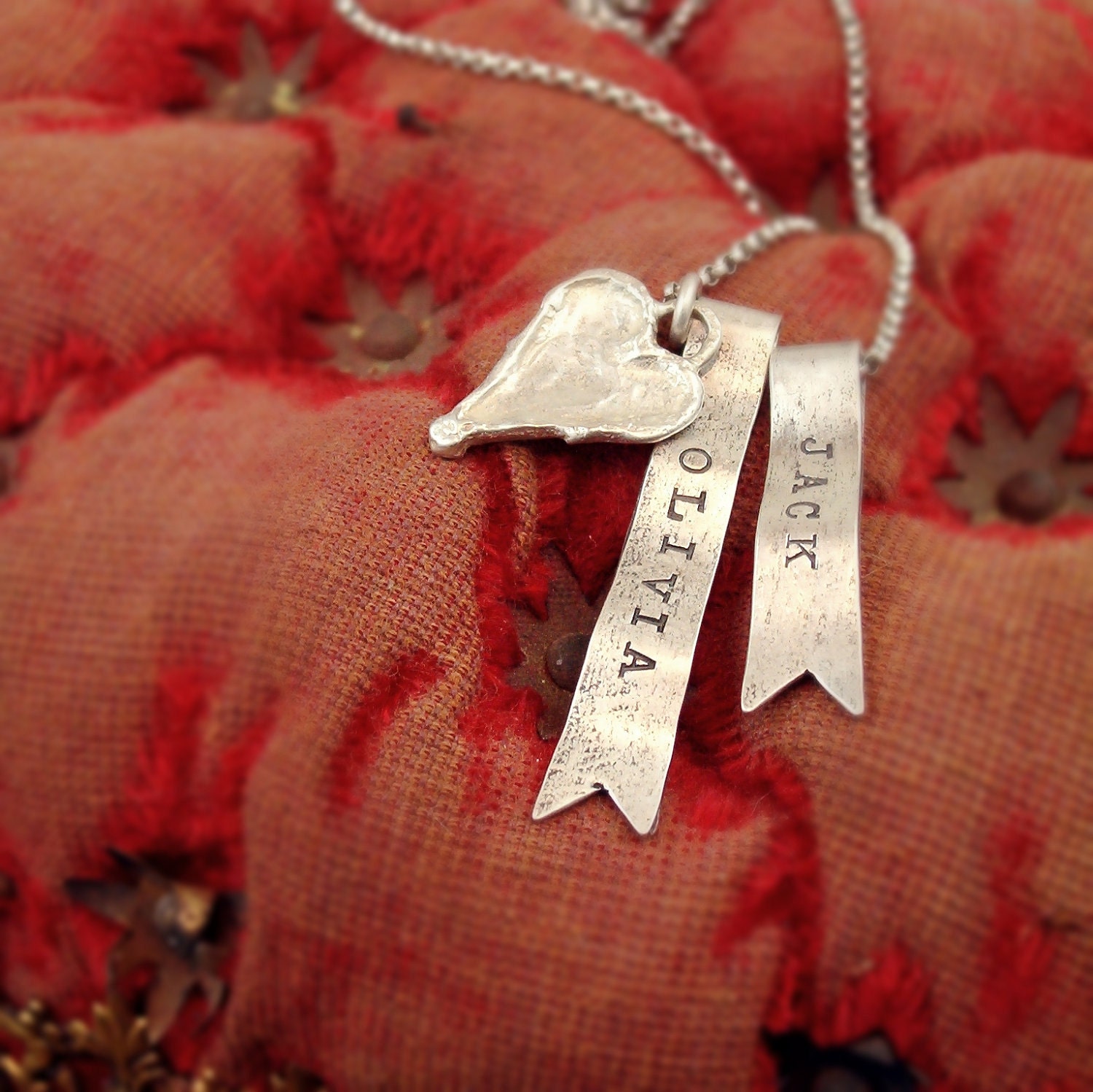 personalized sterling silver necklace ribbon banner charm with antique heart