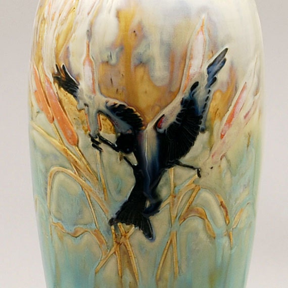 Carved Redwing Blackbird Crystalline Vase - Porcelain by Kyle Kreigh - Door Pottery - Arts & Crafts Style - OOAK
