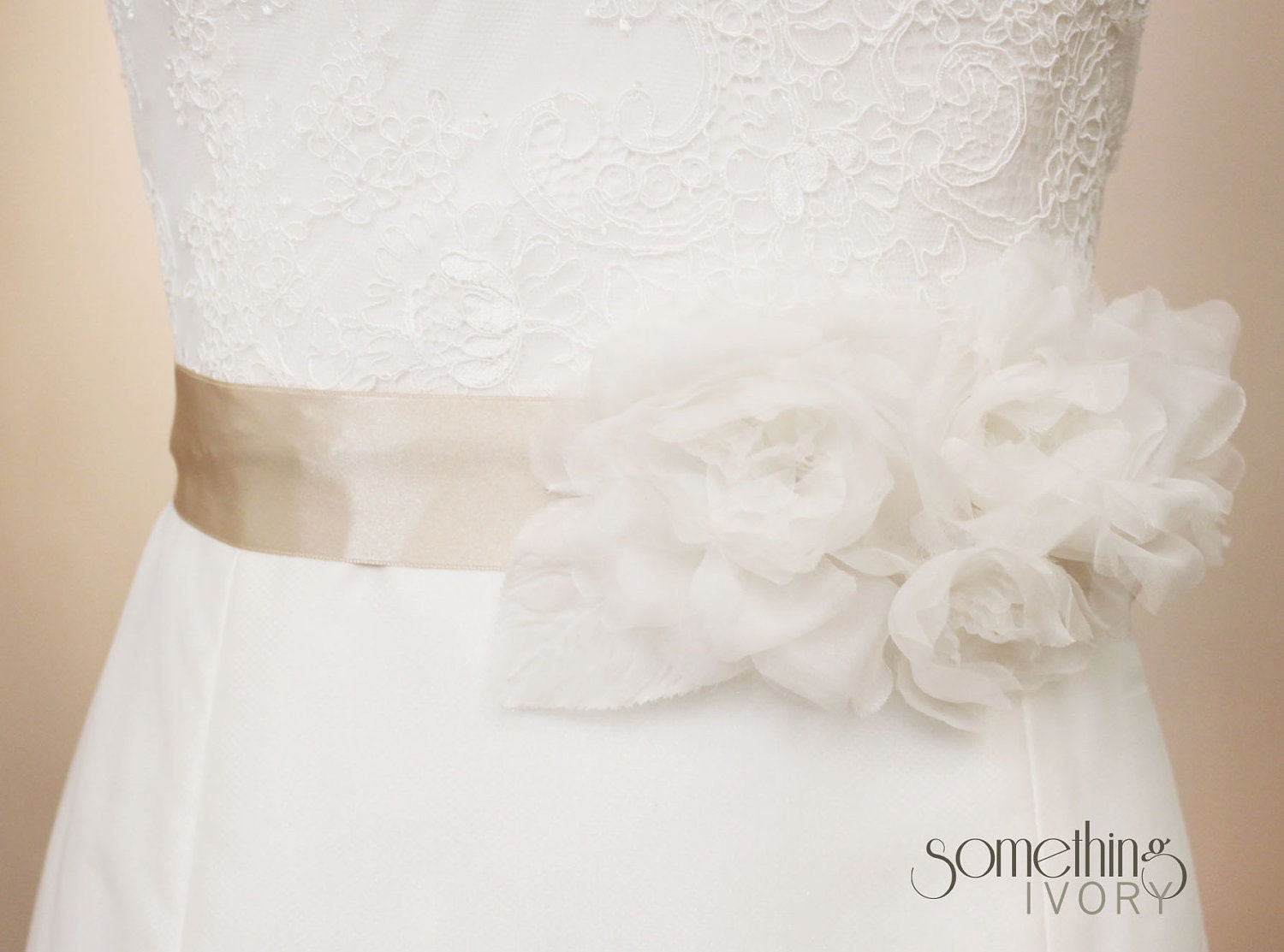 JACQUELINE - Champagne Bridal Wedding Sash with Silk Chiffon Flowers