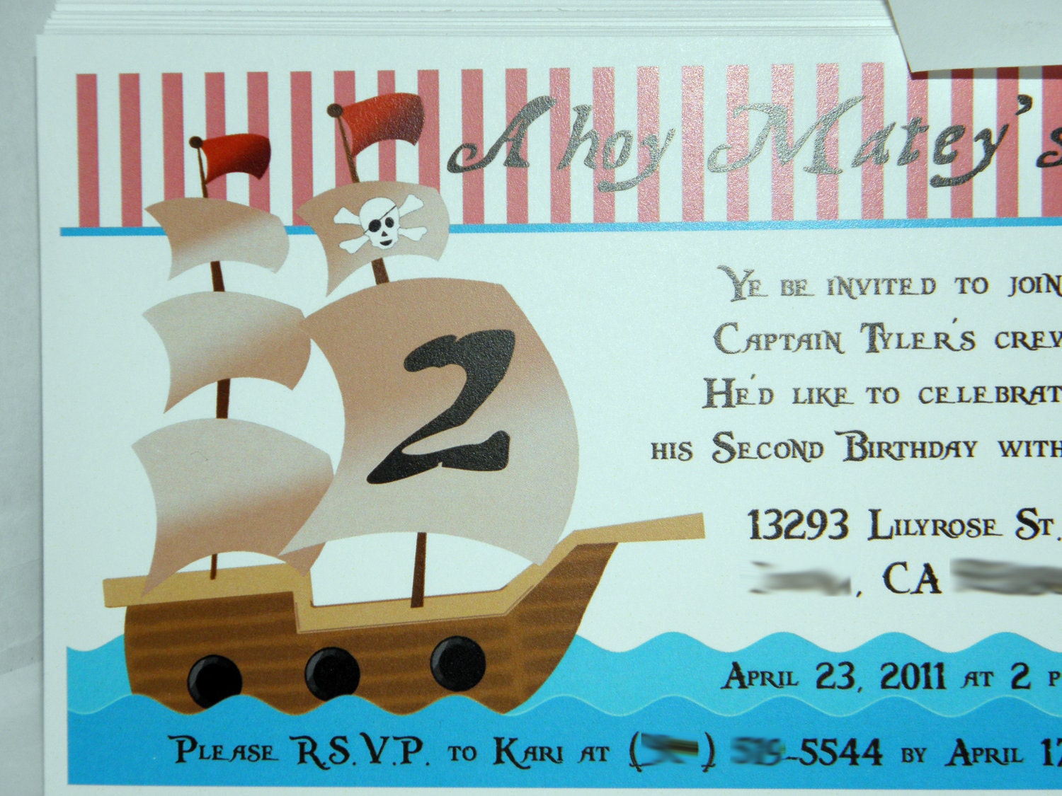 Pirate Ship/Boat Ahoy Mate - Birthday or Baby Shower Invitations - 4x6 - Cardstock or Glossy - 20 Cards with Envelopes