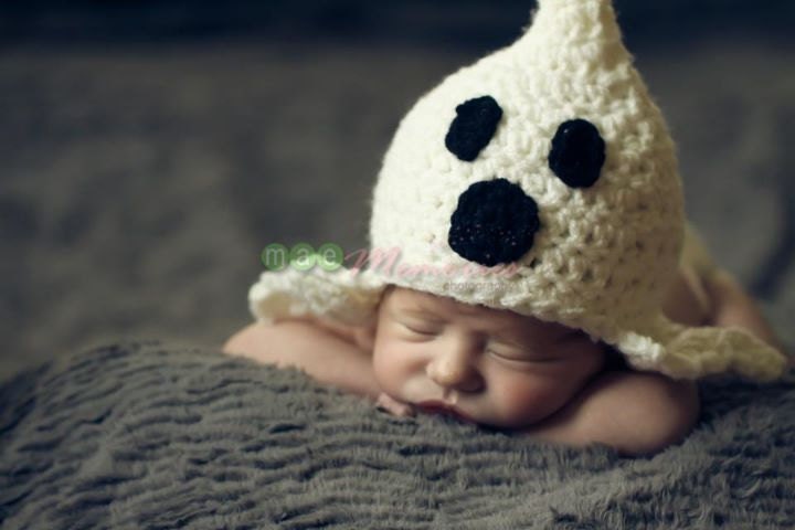 Crochet Infant Ghost hat GREAT photo prop or as part of a halloween costume