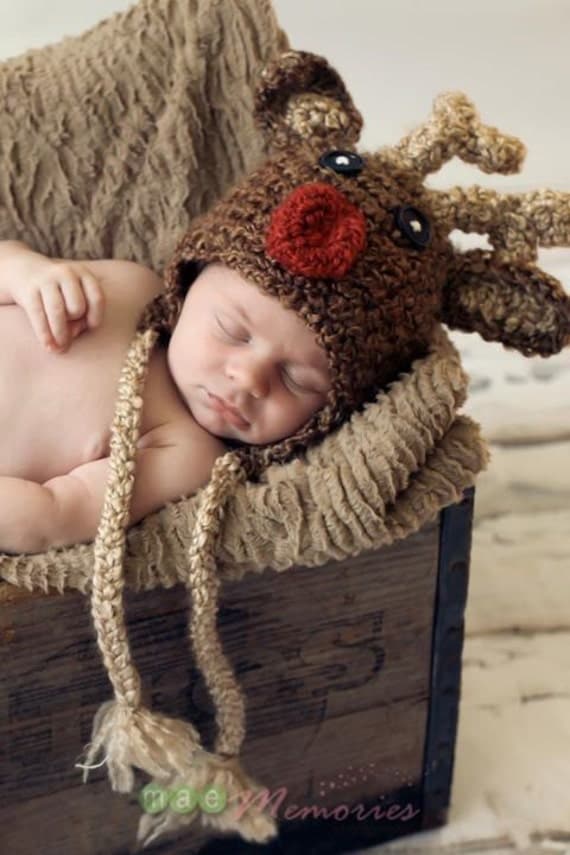 Infant Rudolph Reindeer Crochet hat GREAT photo prop or gift for Christmas - size NB, 1-3mos, 3-6mos, 6-12mos