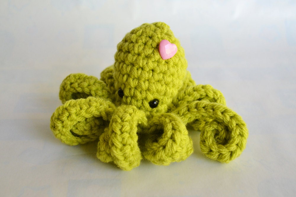 Amigurumi Octopus - Crocheted in Lime Green with Pink Button