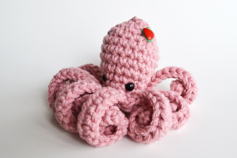 Amigurumi Octopus - Crocheted in Soft Pink with Strawberry Button